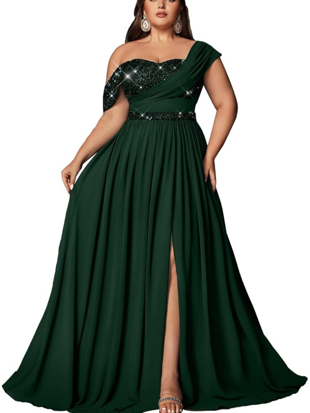 Women's Dark Green Plus Size Sequin Bridesmaid A LINE Cocktail Prom Maxi Dress